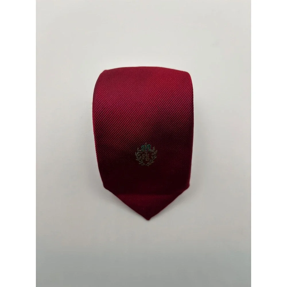 Lauren Ralph Lauren Mens Burgundy Red Silk Crest Embroidered Tie RL Logo Ribbed